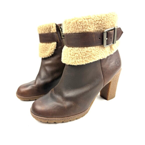 Timberland Womens Size 9 Brown Leather Zip Faux Fur Heeled Ankle Casual Boots - Picture 1 of 16